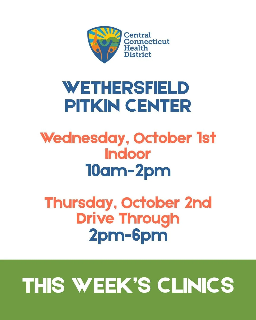 FLU CLINICS START THIS WEEK!
This week we are in Wethersfield at the Pitkin Center!
Flu vaccine appointments still available. 💉
Go to: ccthd.org/flu or call us at 860-785-8380, then press 216 to schedule your appointment.