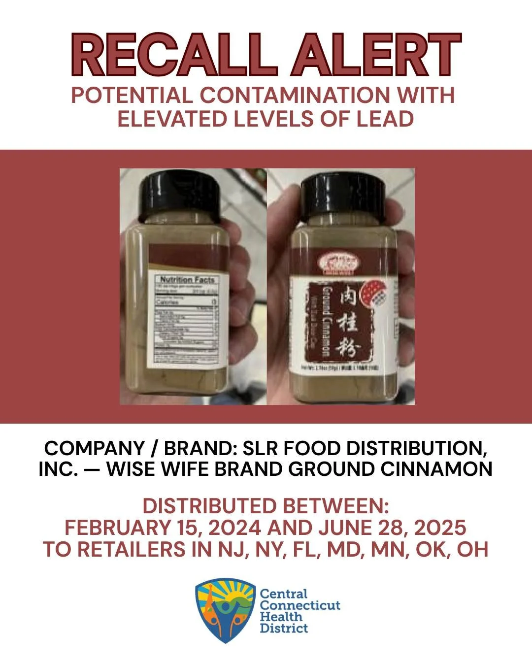 RECALL ALERT
SLR Food Distribution, Inc. &mdash; Wise Wife brand ground cinnamon 
‼️ Potential contamination with elevated levels of lead ‼️
Immediately stop using this product. 
▶︎ Dispose of the product safely to prevent accidental consumption
▶︎ C