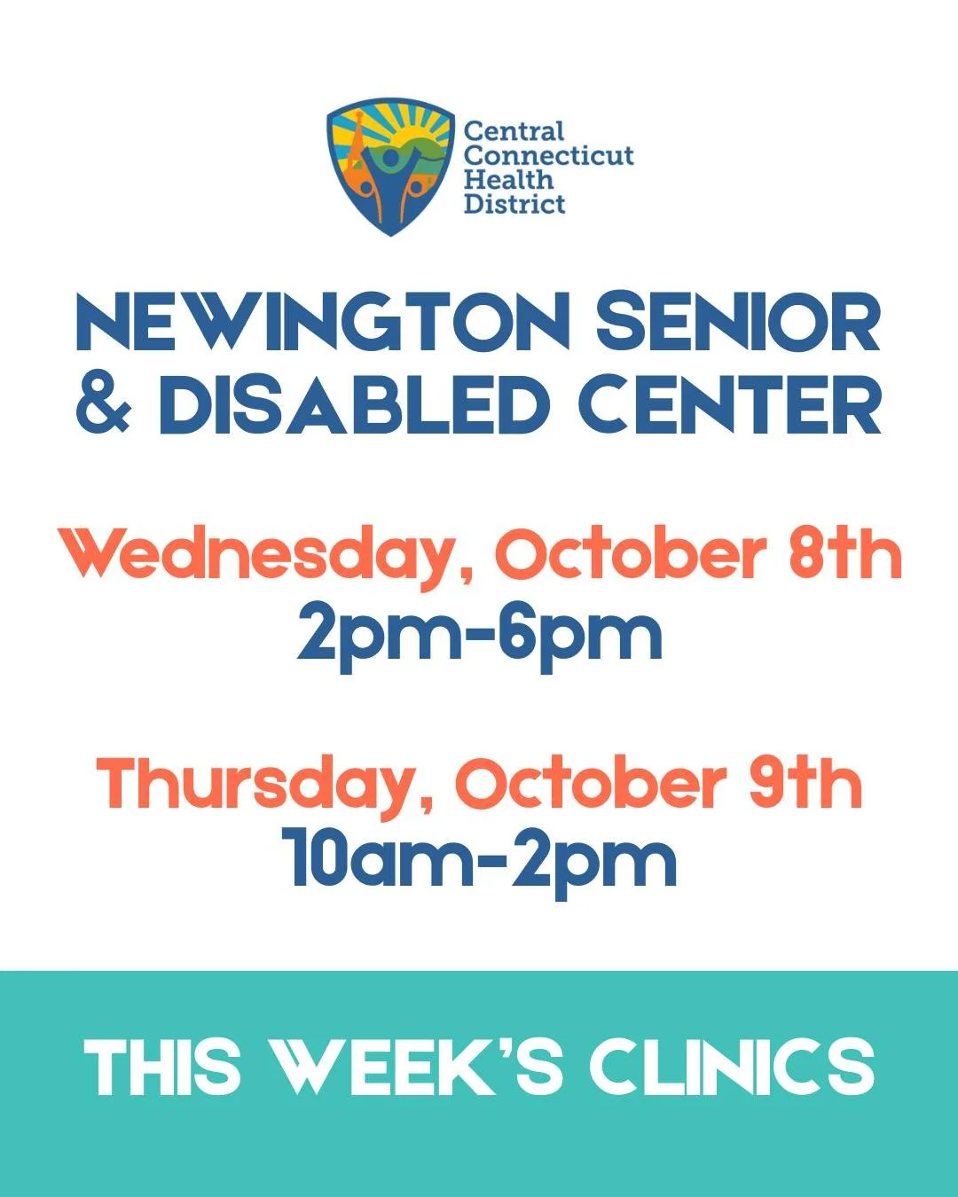 We are in Newington this week at the Newington Senior &amp; Disabled Center. Appointments are still available for pediatric, adult and senior high-dose (ages 65+) flu vaccines! To schedule your appointment, please go to: ccthd.org/flu