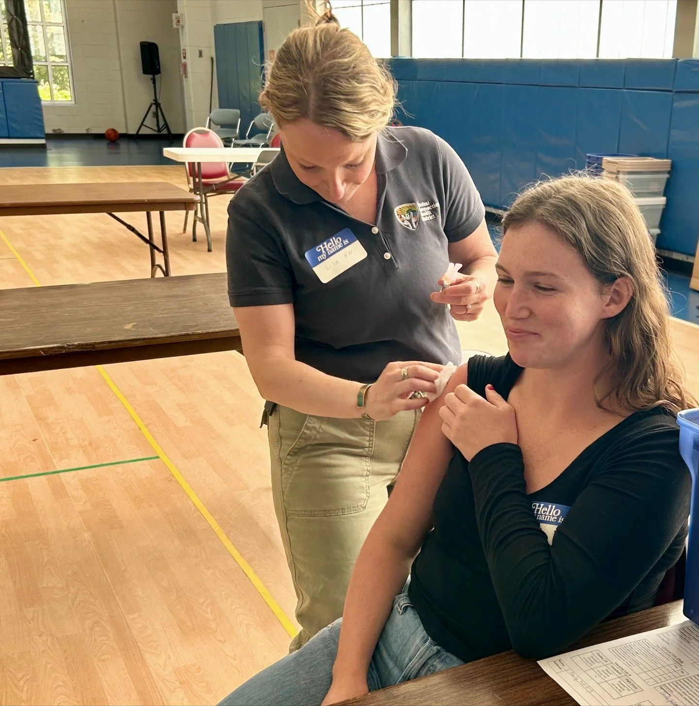 This past week at our indoor flu clinic at the Pitkin Center in Wethersfield, our @easternctstateuniv intern received her flu shot from our clinical director, Lisa. She even chose to use a &quot;shot blocker&quot;, a tool that uses multiple contact p