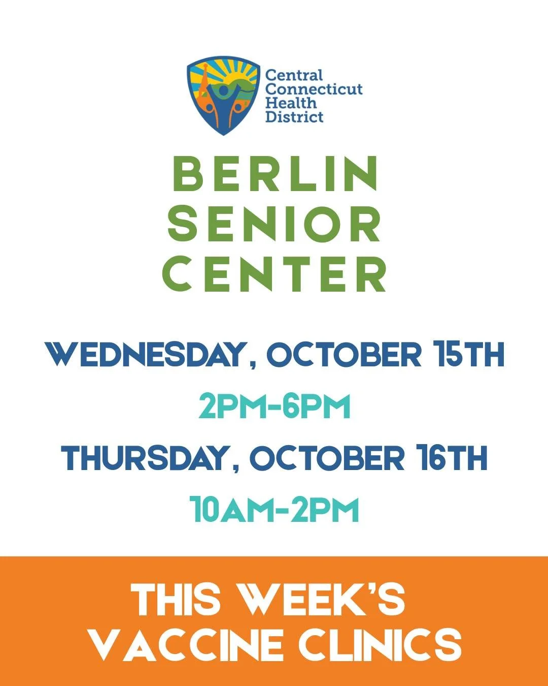 We're back! And this week we are at Berlin Senior Center on Wednesday 10/15 and Thursday 10/16! Appointments still available for flu vaccines - pediatric 👧🏼 , adult 👨🏽 and senior high-dose 👵🏽 available. Go to: ccthd.org/flu or call us at 860-78