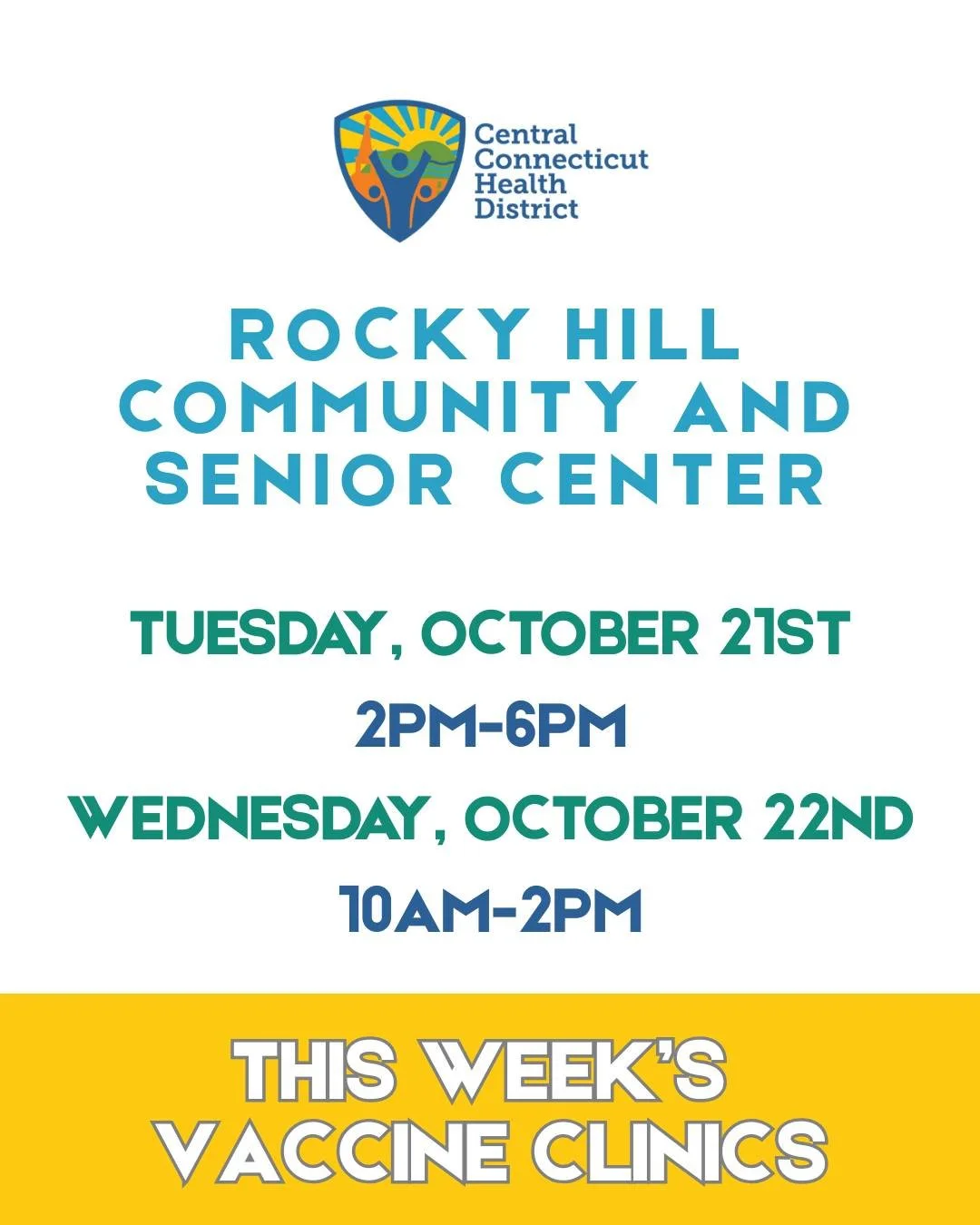 We are in Rocky Hill this week at Rocky Hill Community &amp; Senior Center for our vaccine clinics! To make your appointment, please go to: ccthd.org/flu