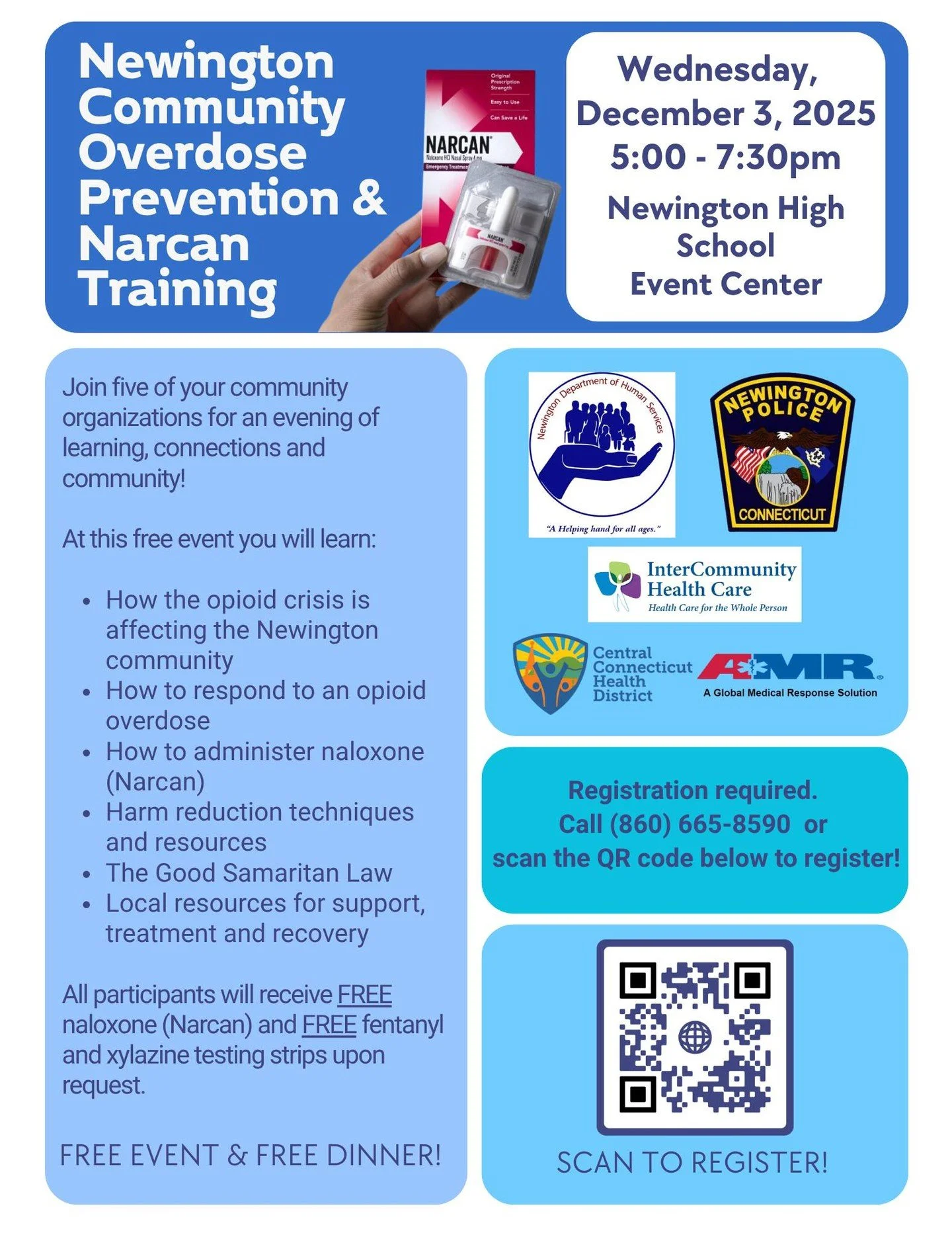 Coming up! December 3rd at Newington High School. Free dinner and free naloxone for all participants. To register, please go to: https://ow.ly/n4Iq50Xu9Wh or click the link in our bio.