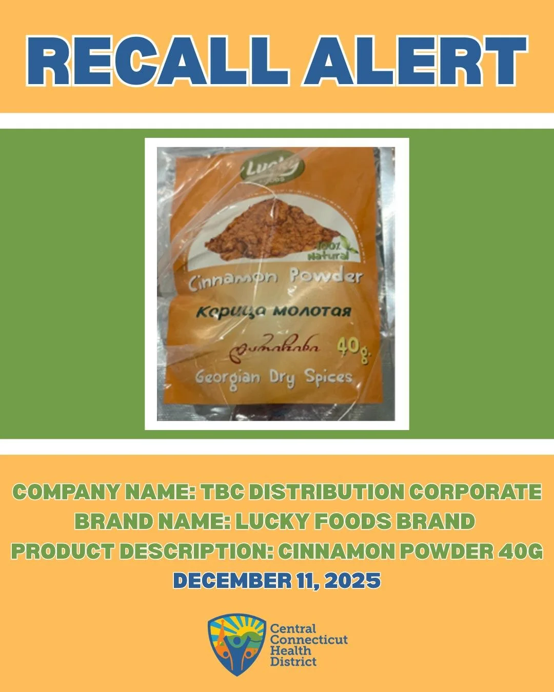 🚨 RECALL ALERT 🚨
Lucky Foods brand Cinnamon Powder (40g) has been recalled due to elevated levels of LEAD.

🧂 Product Details: Lucky Foods Cinnamon Powder (brown label, 40g pouch)
Best Before: September 15, 2027 and distributed to stores across mu