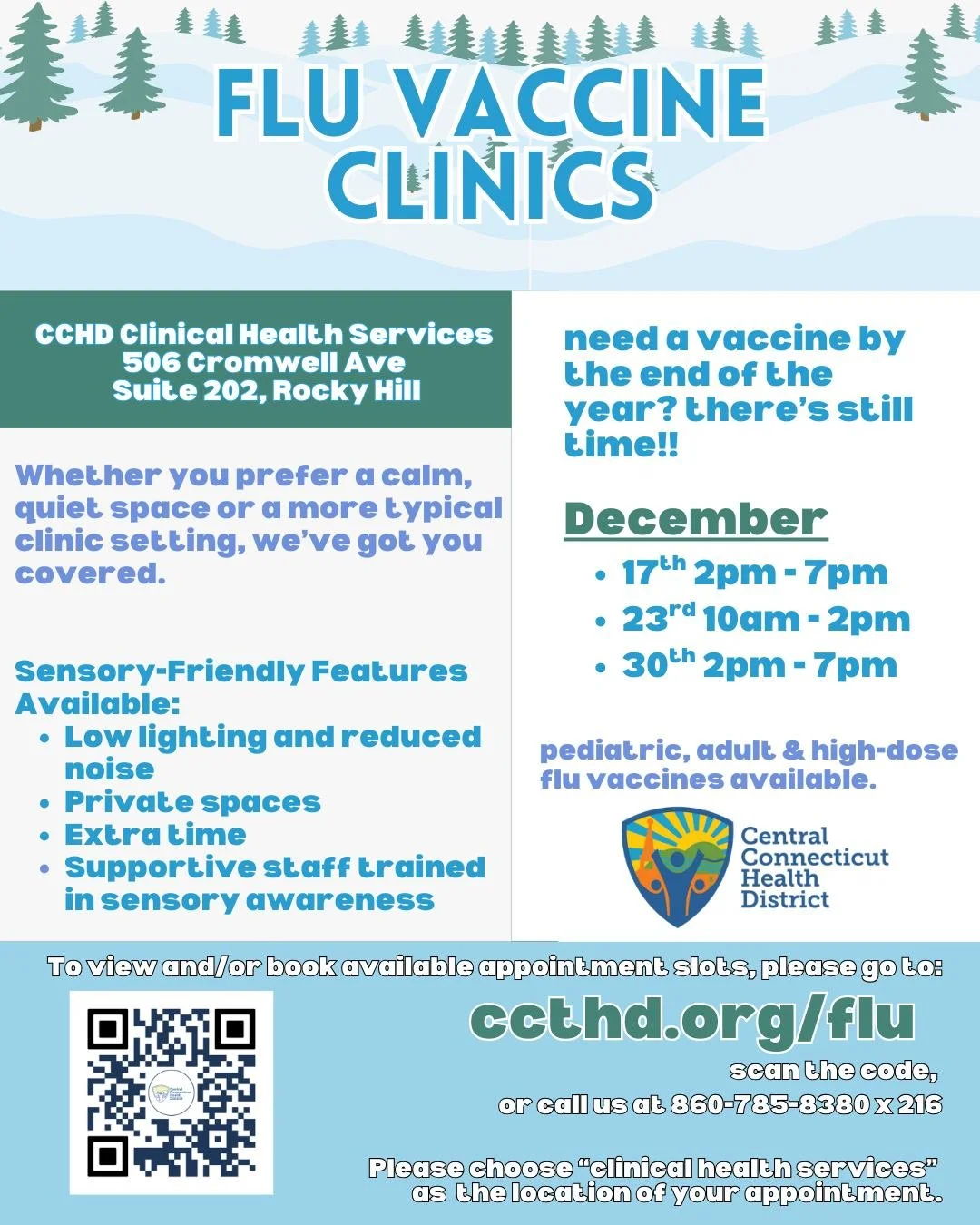 We still have flu vaccines! It's not too late to get one before the end of the year. Pediatric, adult (only a few of these left) and senior high-dose available. To schedule your appointment, please go to: https://chsappointments.as.me/