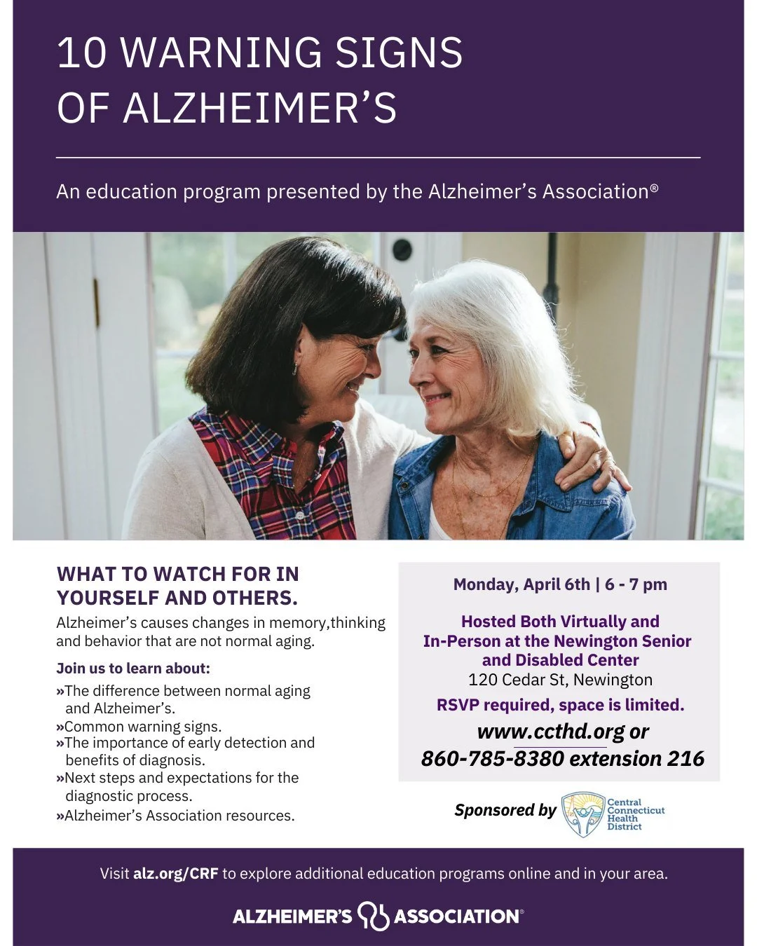 Join us for this important presentation, being offered both virtually and in person at the Newington Senior and Disabled Center. To register, please go to: https://chsappointments.as.me/alzheimers or call us at 860-785-8380, extension 216.