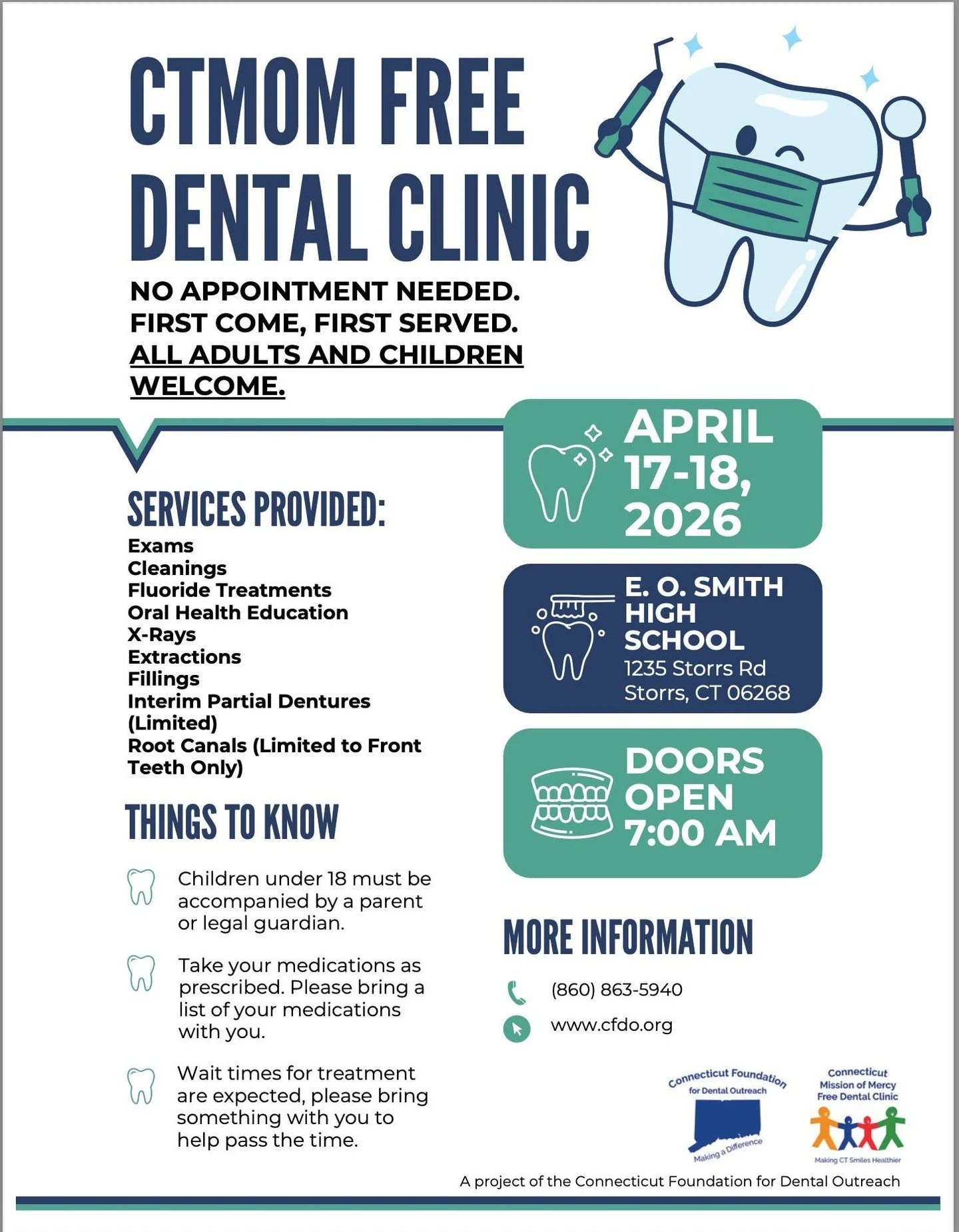 Free dental clinic! April 17th - 18th, 2026 in Storrs, CT.
For more info, please go to cfdo.org 🦷🪥