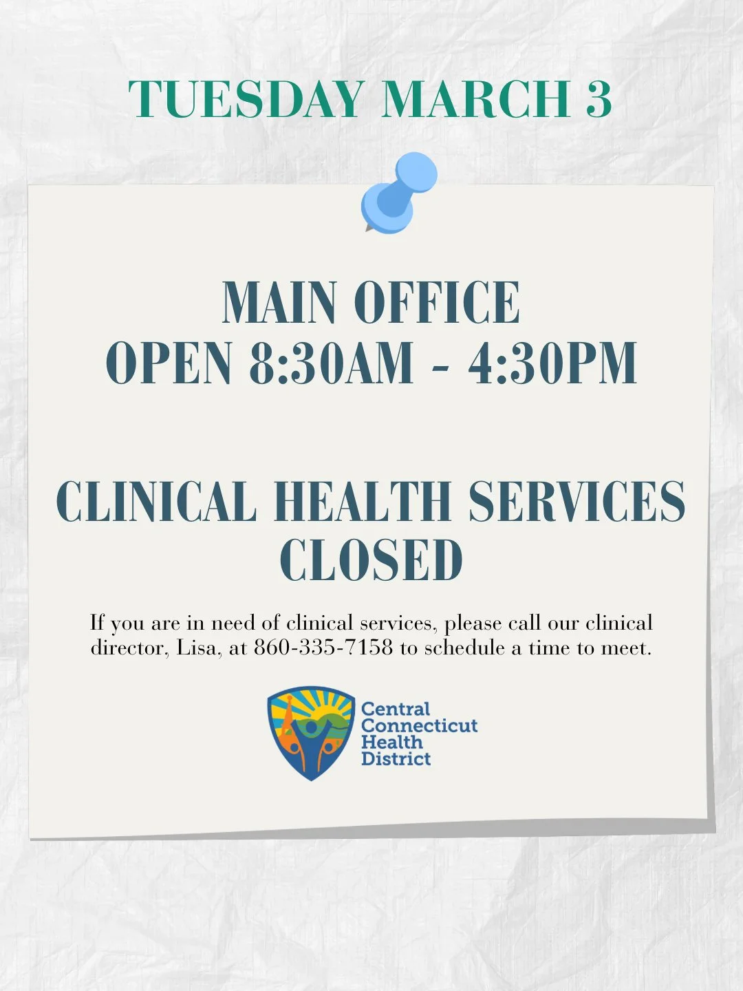 Due to the anticipated icy roads today, Tuesday March 3, 2026, open clinic hours have been canceled. Our main office remains open normal hours. If you are in need of clinical services, please call our clinical director, Lisa, at 860-335-7158 to sched