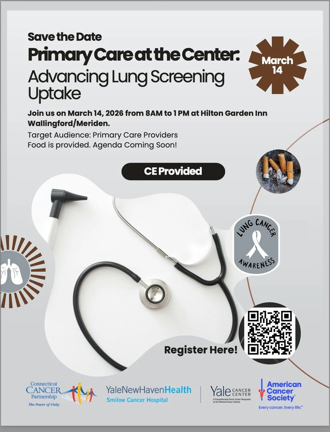 The Primary Care at the Center: Advancing Lung Screening Uptake Conference will take place on March 14, 2026, at the Hilton Garden Inn Wallingford/Meriden.

This statewide summit will engage Connecticut primary care physicians to increase lung cancer