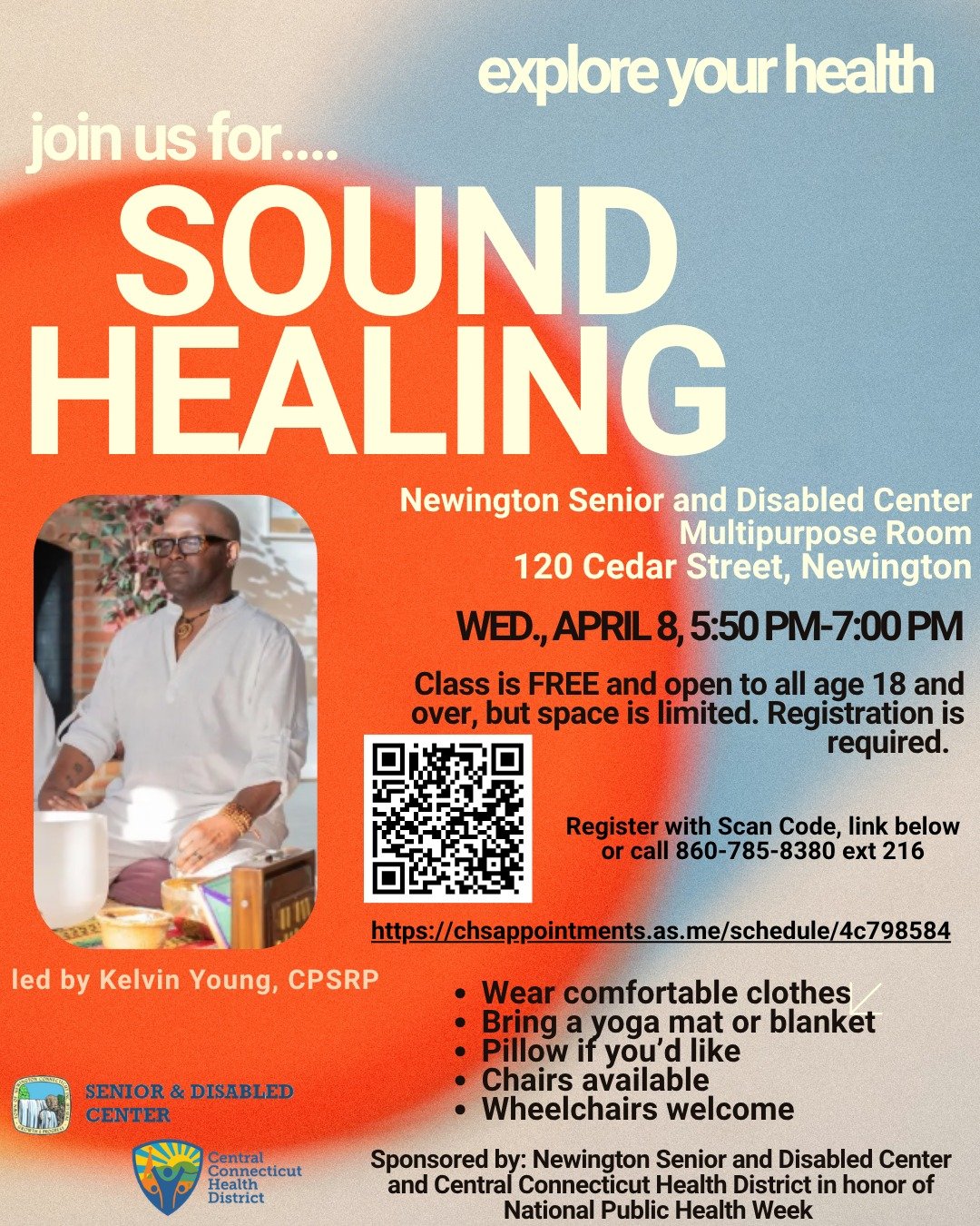 Sound Healing is a therapeutic practice that blends the use of chimes, Tibetan singing bowls, crystal bowls and/or other sounds to enhance and promote overall well-being.  To register, use the scan code, click this link (https://chsappointments.as.me