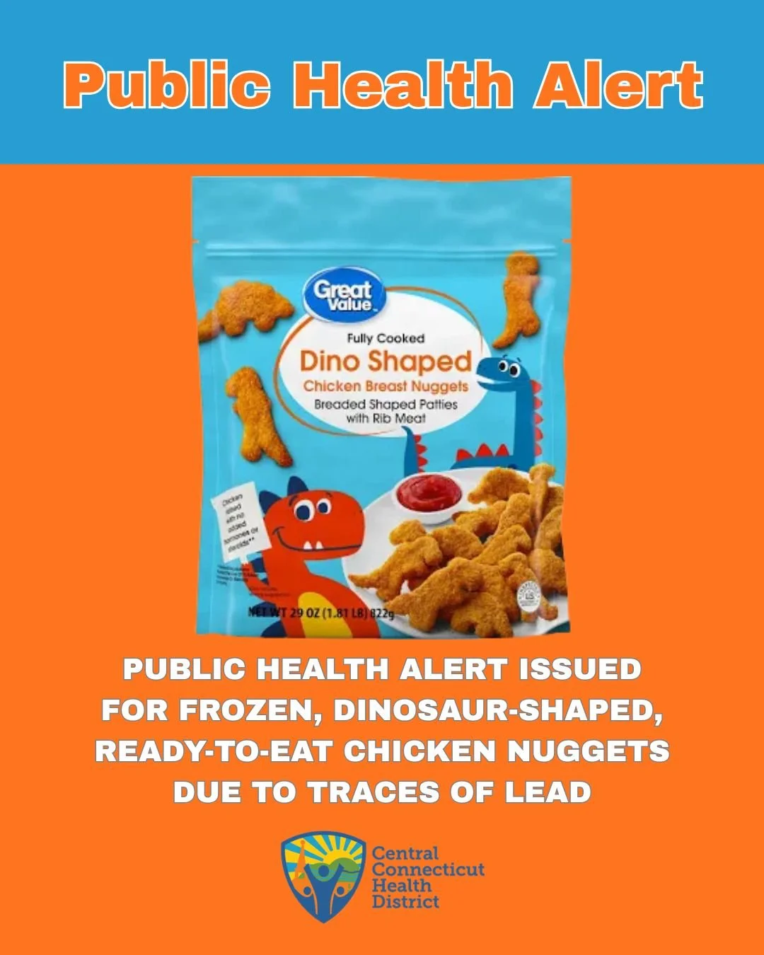 PUBLIC HEALTH ALERT- LEAD: The U.S. Department of Agriculture&rsquo;s Food Safety and Inspection Service (FSIS) is issuing a public health alert for frozen, dinosaur-shaped, ready-to-eat chicken nuggets that may be contaminated with unsafe levels of 