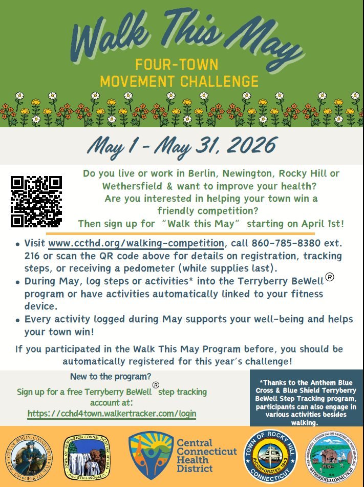 It's that time again! Registration is now open for WALK THIS MAY! Join in some friendly competition between our four towns - either walking or convert your "movement" of choice into steps to participate. For more information &amp; registrat