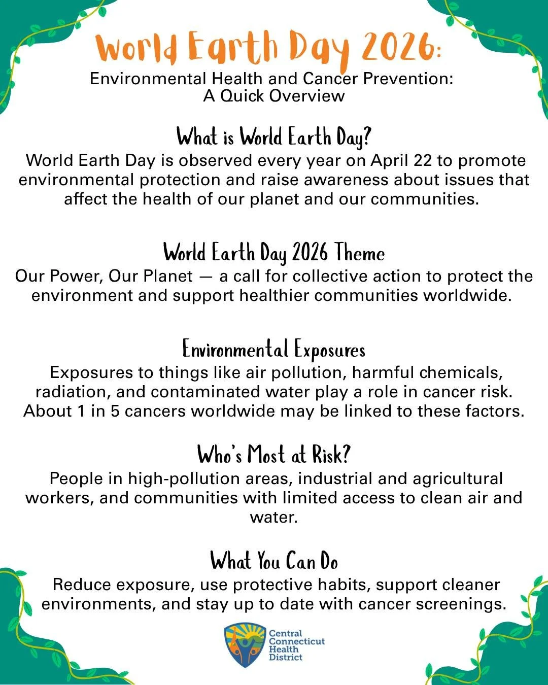 🌍 This #EarthDay , let&rsquo;s protect what protects us. Healthy environments support healthy people&mdash;from the air we breathe to the water we drink. Small changes can make a big impact in our community. For more information, please go to: Earth