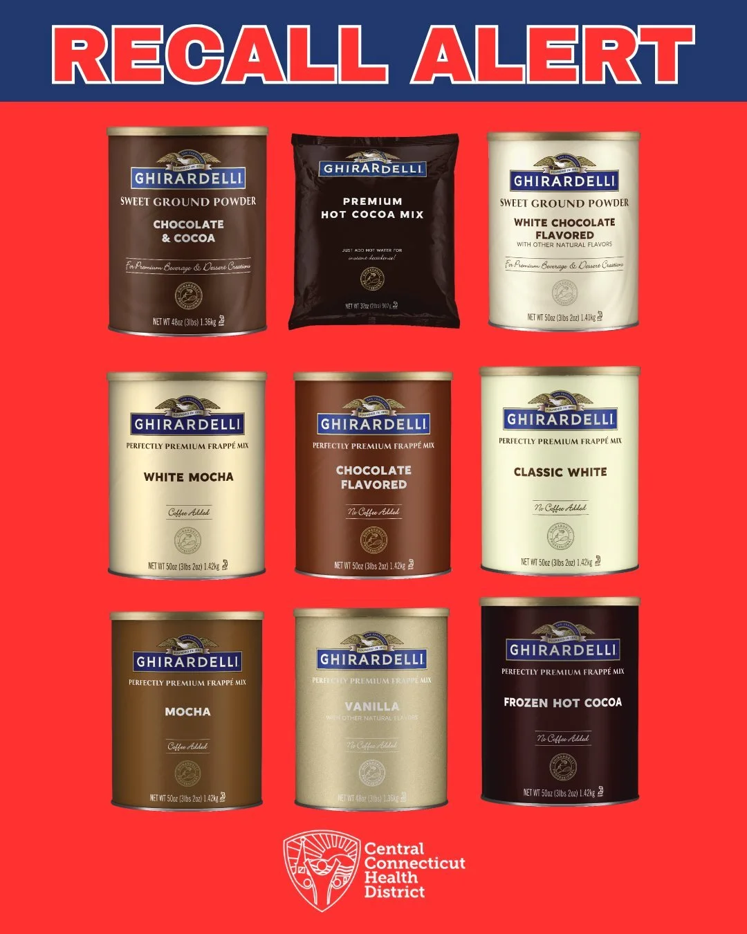 🚨 Recall Alert: Ghirardelli Beverage Mixes

Certain Ghirardelli powdered beverage mixes (hot cocoa, frappe, and chocolate drink powders) are being recalled due to possible Salmonella contamination.

⚠️ What to do:
&bull; Do NOT consume
&bull; Throw 