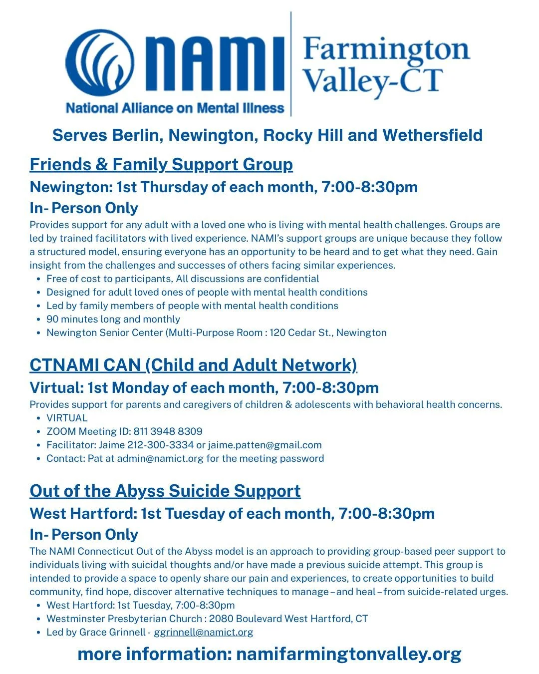 Did you know that NAMI has a local affiliate that serves all four of CCHD's towns? And they offer multiple support groups and resources? For more information please visit their website at namifarmingtonvalley.org and the main website at nami.org 💚 #