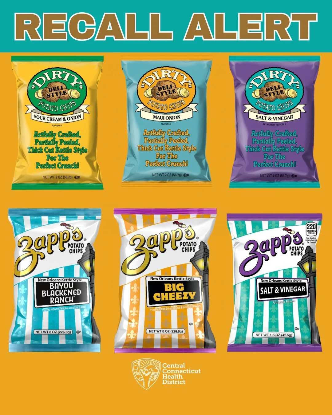 🚨 Recall Alert: "Dirty" and "Zapp's" Brand Potato Chips 🚨

Utz Quality Foods, LLC has issued a voluntary recall of select Zapp&rsquo;s&reg; and Dirty&reg; potato chips due to possible Salmonella infection contamination linked to