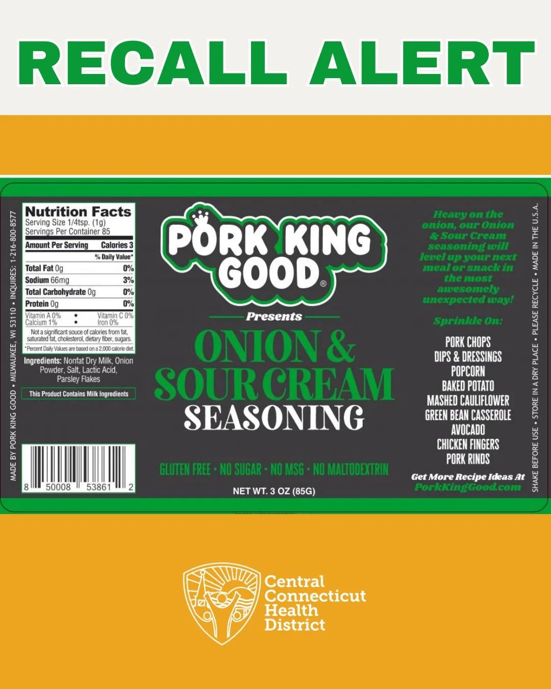 ⚠️ FOOD RECALL ALERT ⚠️

Certain Pork King Good Sour Cream &amp; Onion pork rinds and seasoning products are being voluntarily recalled due to possible Salmonella contamination linked to a recalled milk powder ingredient.

Consumers should NOT eat th