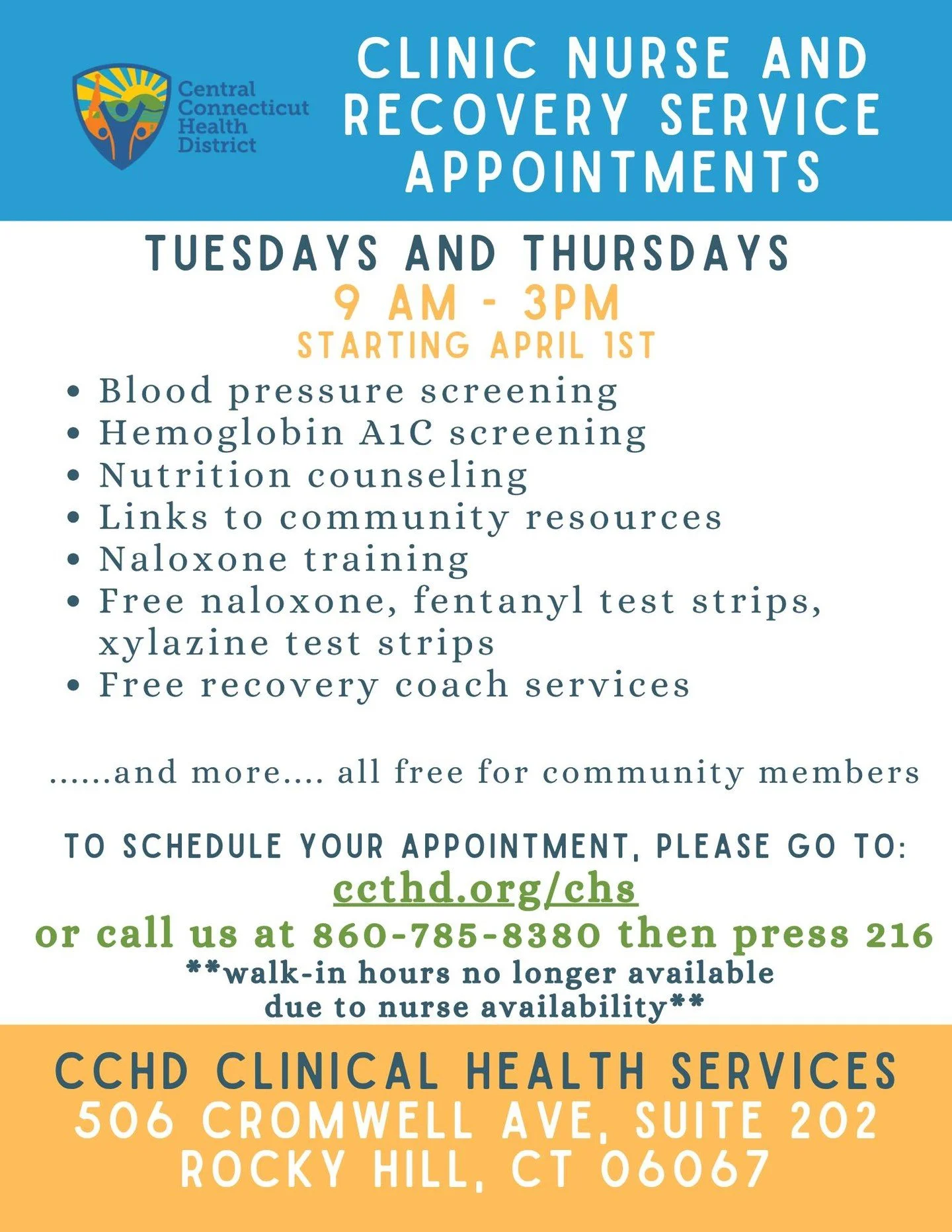 🩺 Need support for your health or recovery journey? CCHD is offering FREE Clinic Nurse &amp; Recovery Service appointments every Tuesday &amp; Thursday from 9AM&ndash;3PM at our Rocky Hill clinic location. (506 Cromwell Ave., Suite 202, Rocky Hill) 