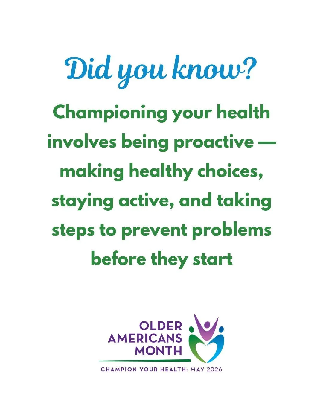 Physical activity is essential to good health. No matter how you choose to move, daily activity supports strength, balance, and independence. This Older Americans Month and beyond, champion your health by staying active. #OlderAmericansMonth #Healthy