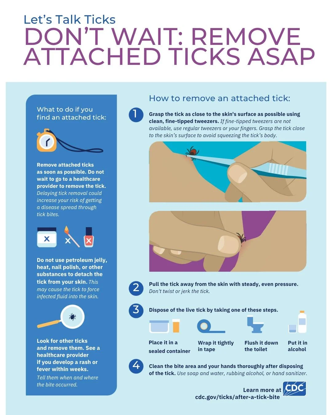 🕷️ Found a Tick? Don't Wait&mdash;Remove It Right Away!

The sooner a tick is removed, the lower the risk of disease transmission.

#TickSafety #LymeDiseaseAwareness #TickSeason #PublicHealth #OutdoorSafety 🥾🌳