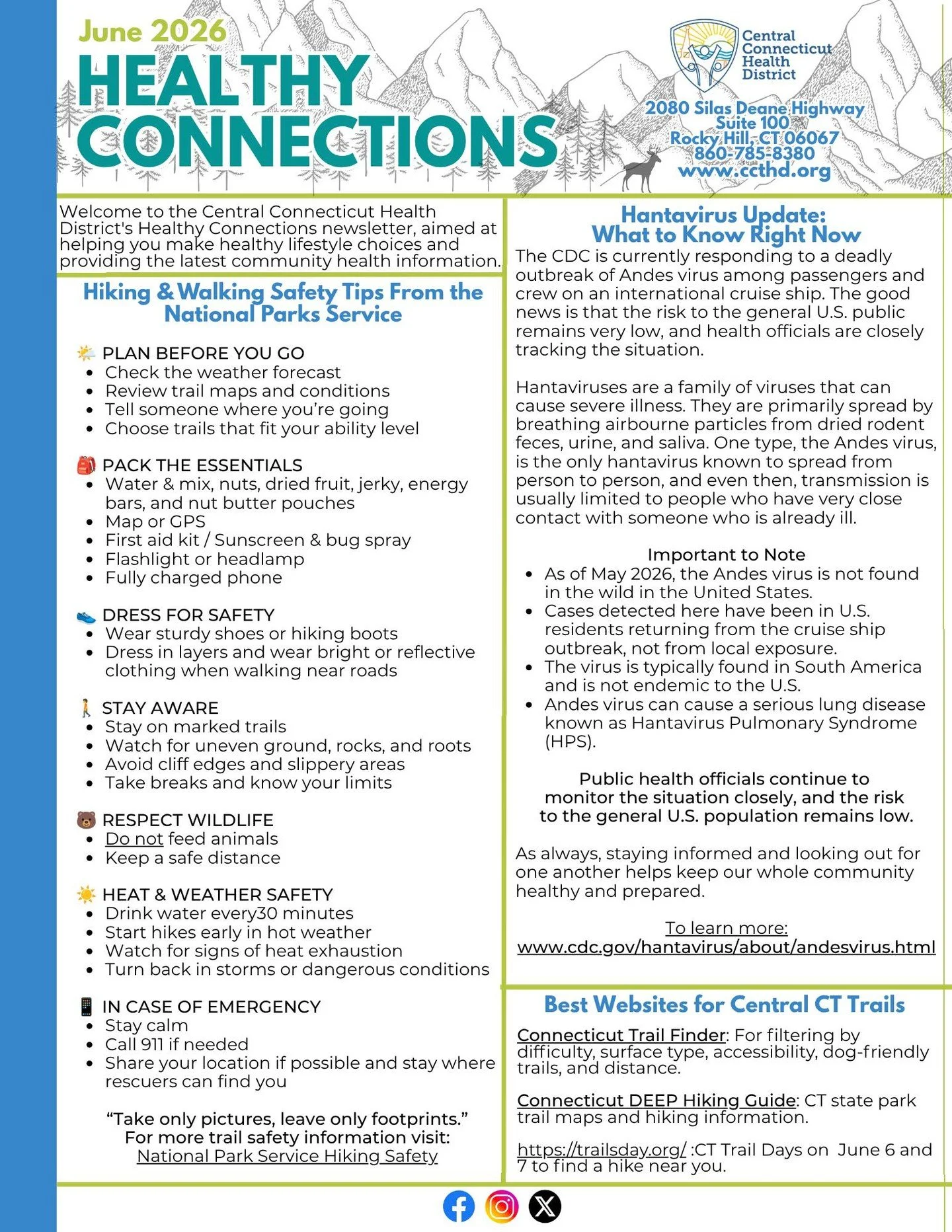 Our June "Healthy Connections" is now available... and in Spanish and Polish too! 
In this issue...hiking and walking tips from the National Parks Service and up to date Hantavirus information. 📰 🥾

To read previous issues, please visit o