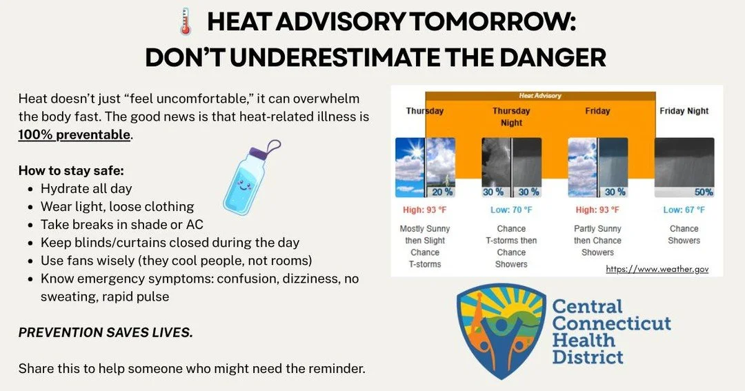🔥 Heat Advisory Tomorrow 
Heat kills more people than hurricanes, floods, and tornadoes &mdash; but heat deaths don&rsquo;t have to happen.

Stay cool. Stay hydrated. Check on your people.
Heat safety is life safety.

https://www.weather.gov/
