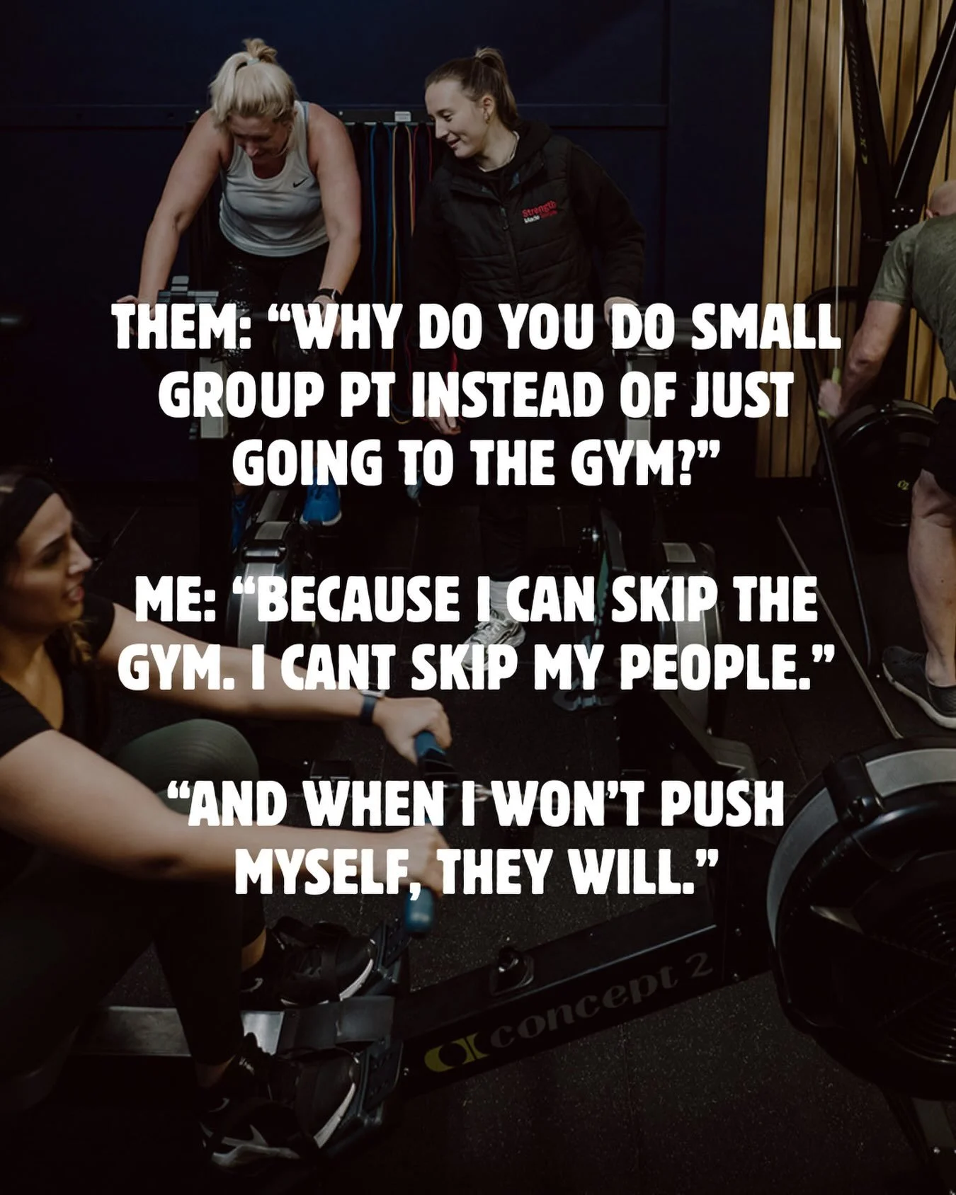 The gym doesn&rsquo;t care if you show up. Your people do.

That&rsquo;s the difference. Solo training relies on your motivation showing up every single day &mdash; and some days it just won&rsquo;t. Small group training means 5 other people notice w