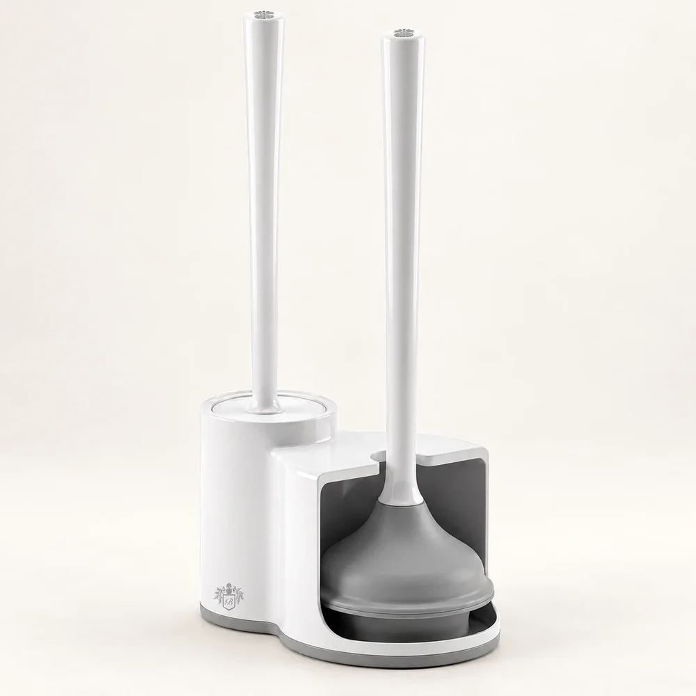 White toilet brush and gray plunger in their holder on a warm ivory background
