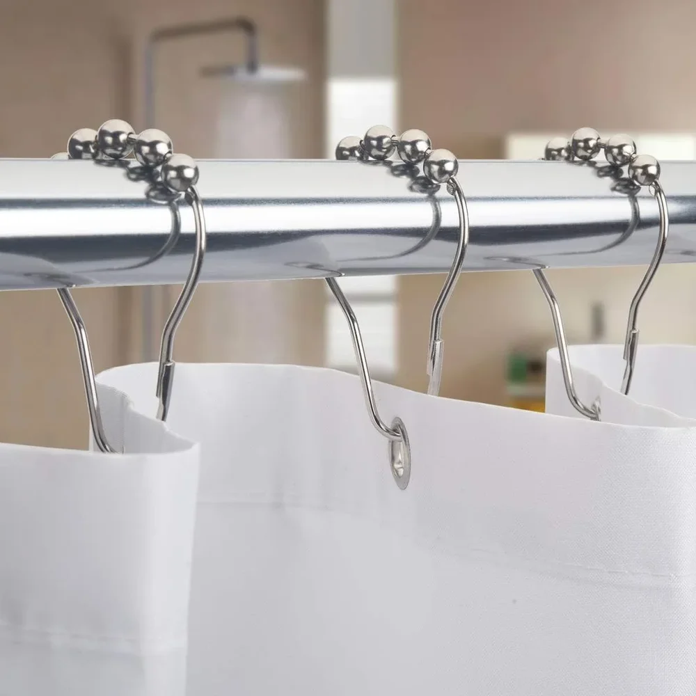 Metal roller hooks supporting a shower liner