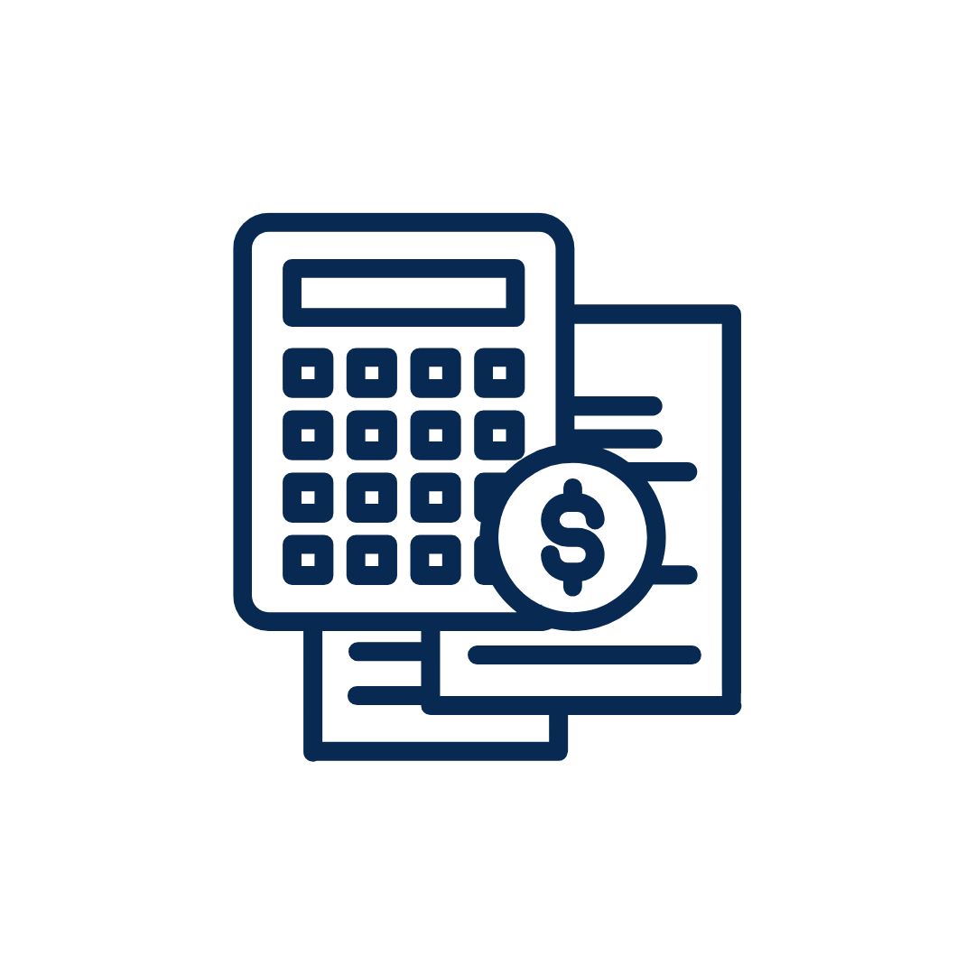 An icon of a cash sign, calculator, and paperwork.