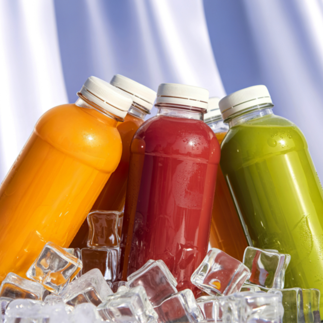Beverage drinks packaged in plastic bottles are at the center with ice cubes around them.