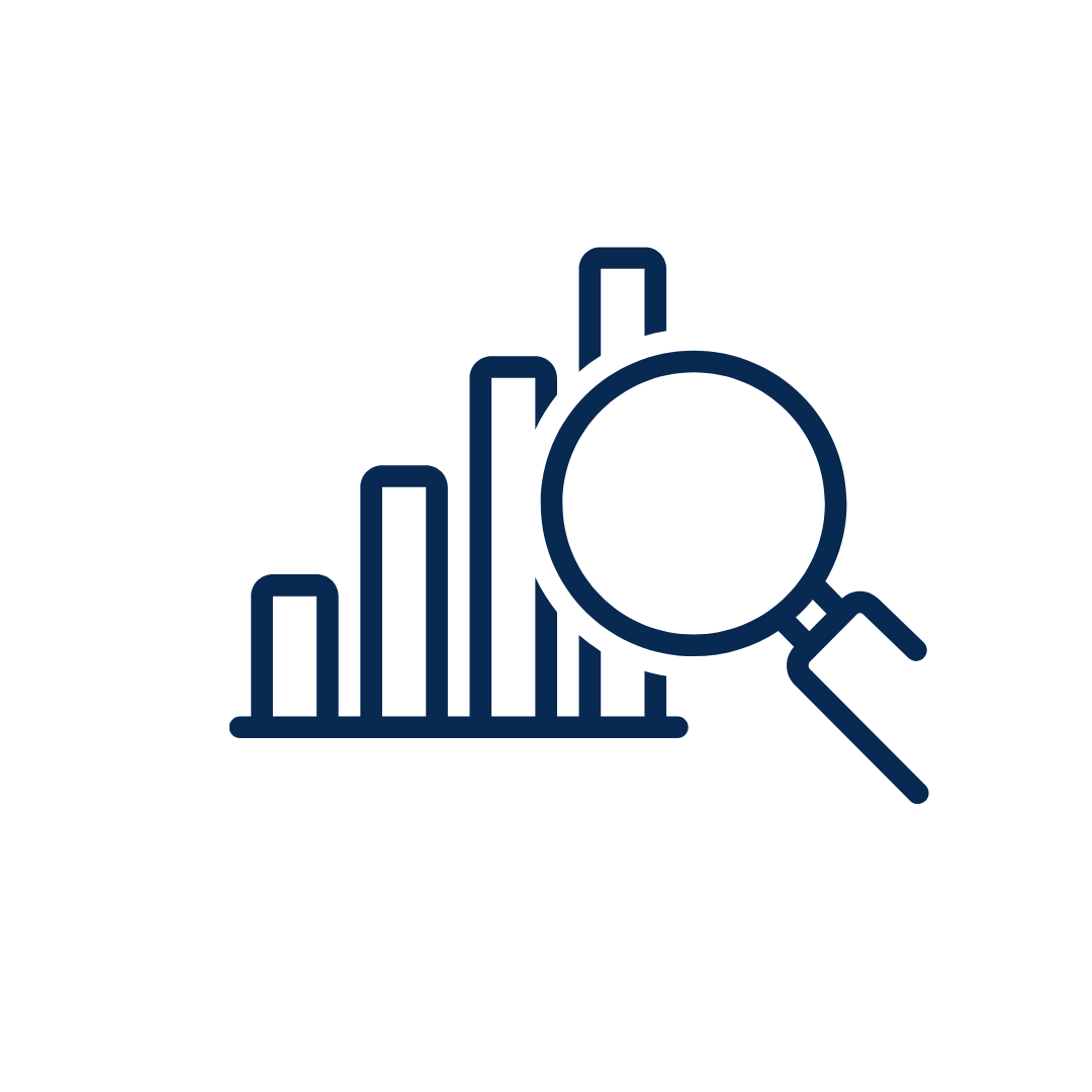 An icon of a magnifying glass and a bar graph going up