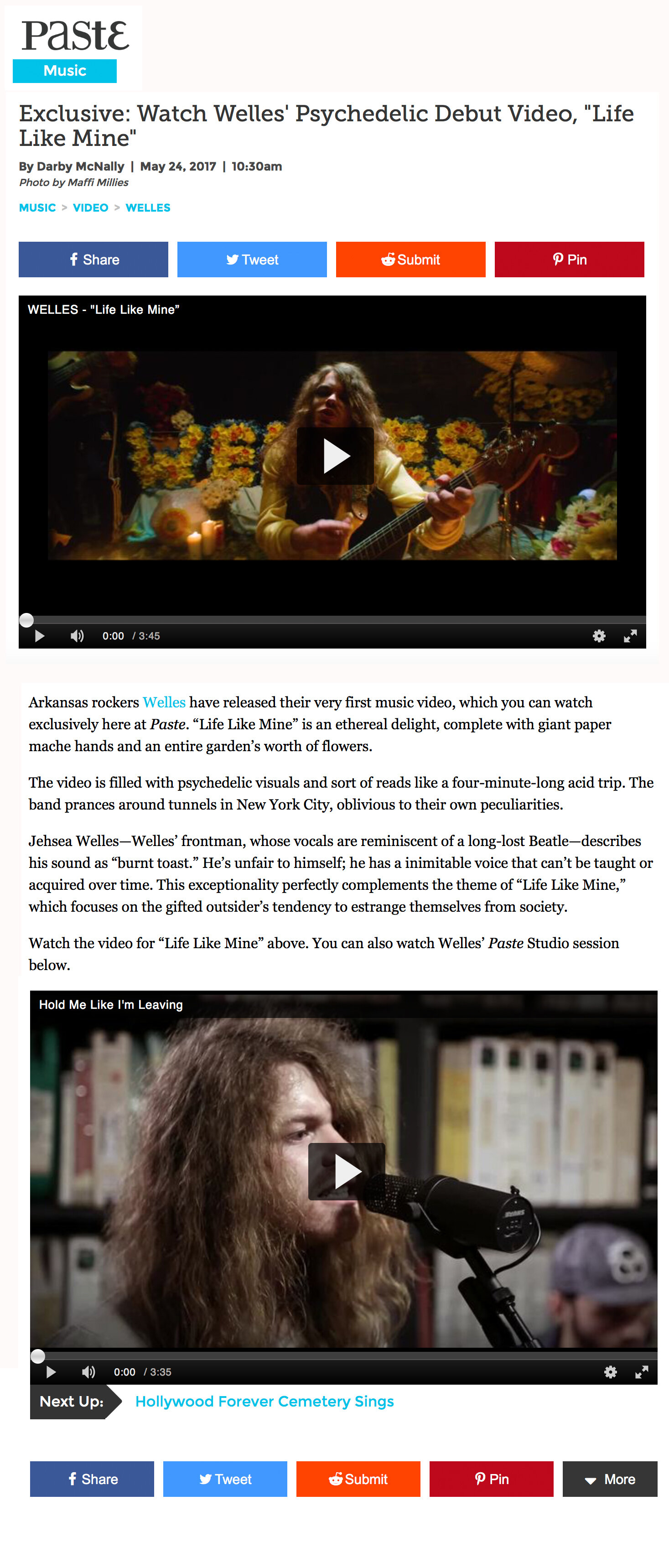 PASTE MAGAZINE Article on Musicvideo for ROckband WELLES Directed by Mafalda Millies.jpg