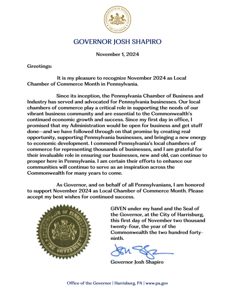 Governor Shapiro Recognizes November 2024 as Local Chamber of Commerce Month in PA