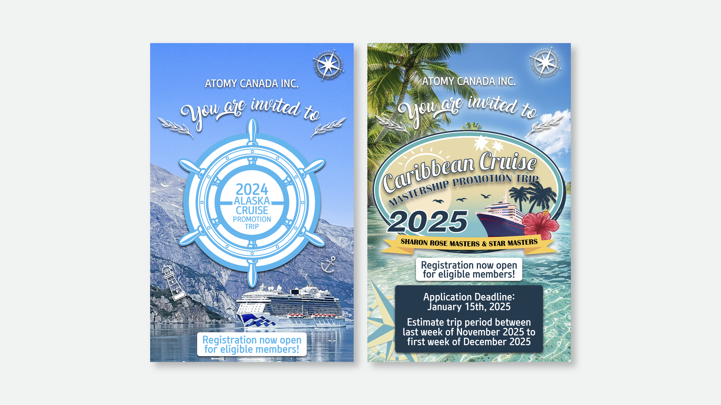 Two invitation flyers for cruise trips with nautical and tropical themes. The left flyer is for an Alaska cruise promotion in 2024, featuring a mountain landscape, a cruise ship, and a ship wheel, with text about registration for eligible members. The right flyer is for a Caribbean cruise promotion in 2025, showing a cruise ship, palm trees, and ocean scenery, with details about application deadline and trip dates.