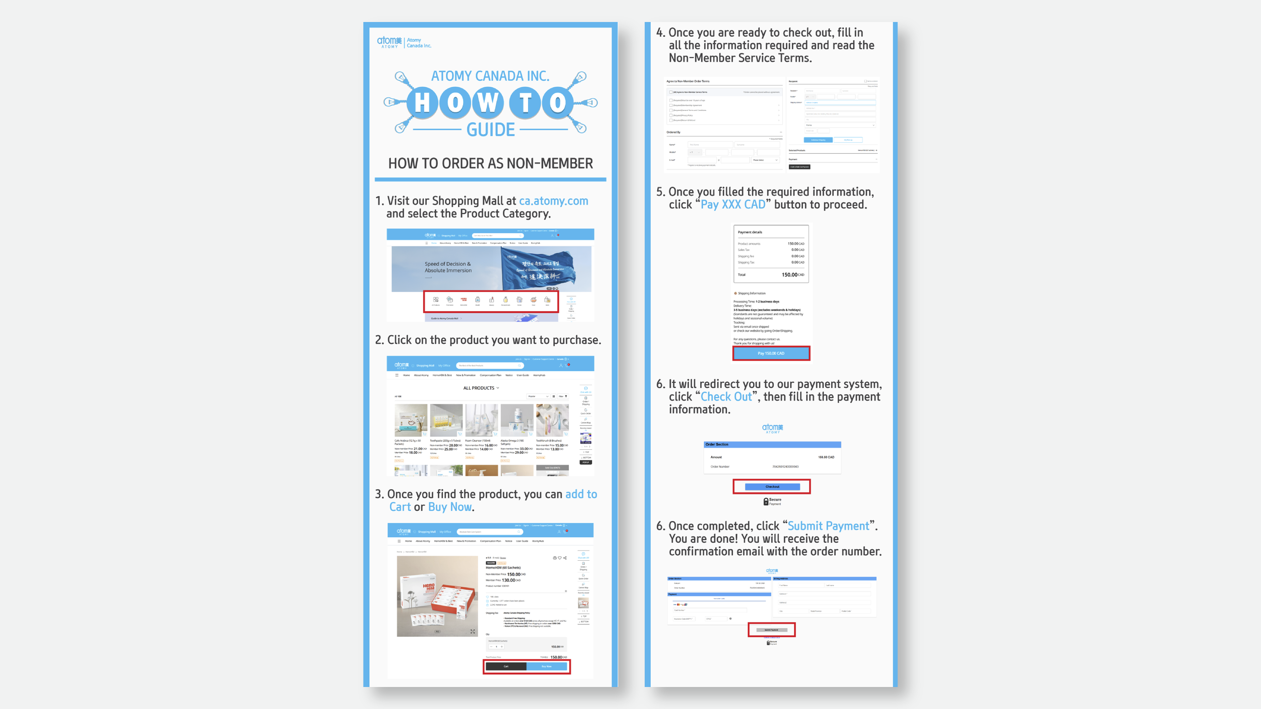 A step-by-step guide on how to order as a non-member from Atomy Canada, with screenshots of the website and instructions for each step from visiting the website to completing payment.