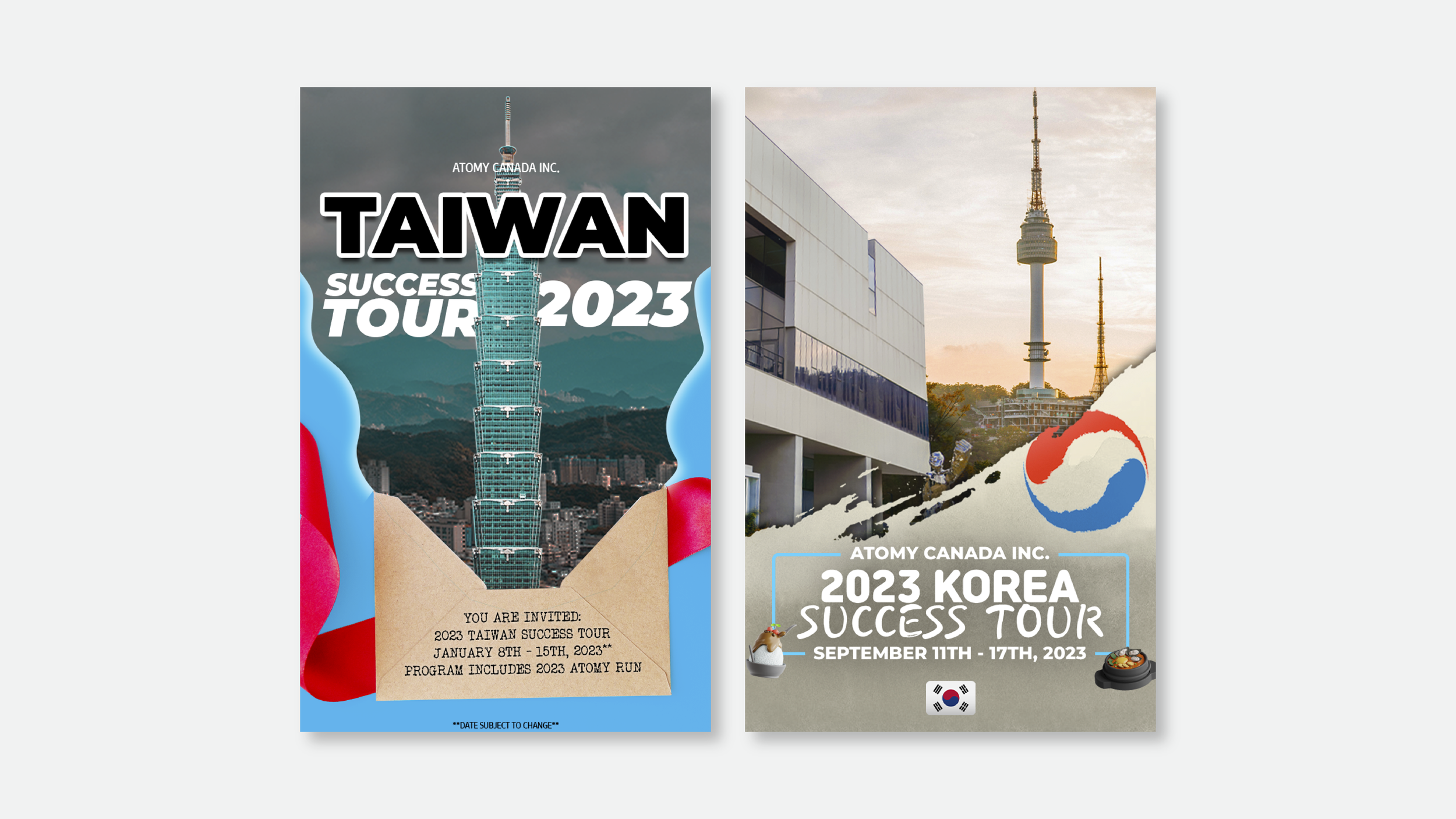 Posters of Atomy Success Tours for 2023, one promoting the Taiwan tour with an image of Taipei 101, and the other promoting the Korea tour with images of the Namsan Seoul Tower and the Korean flag, both featuring event dates and decorative elements.