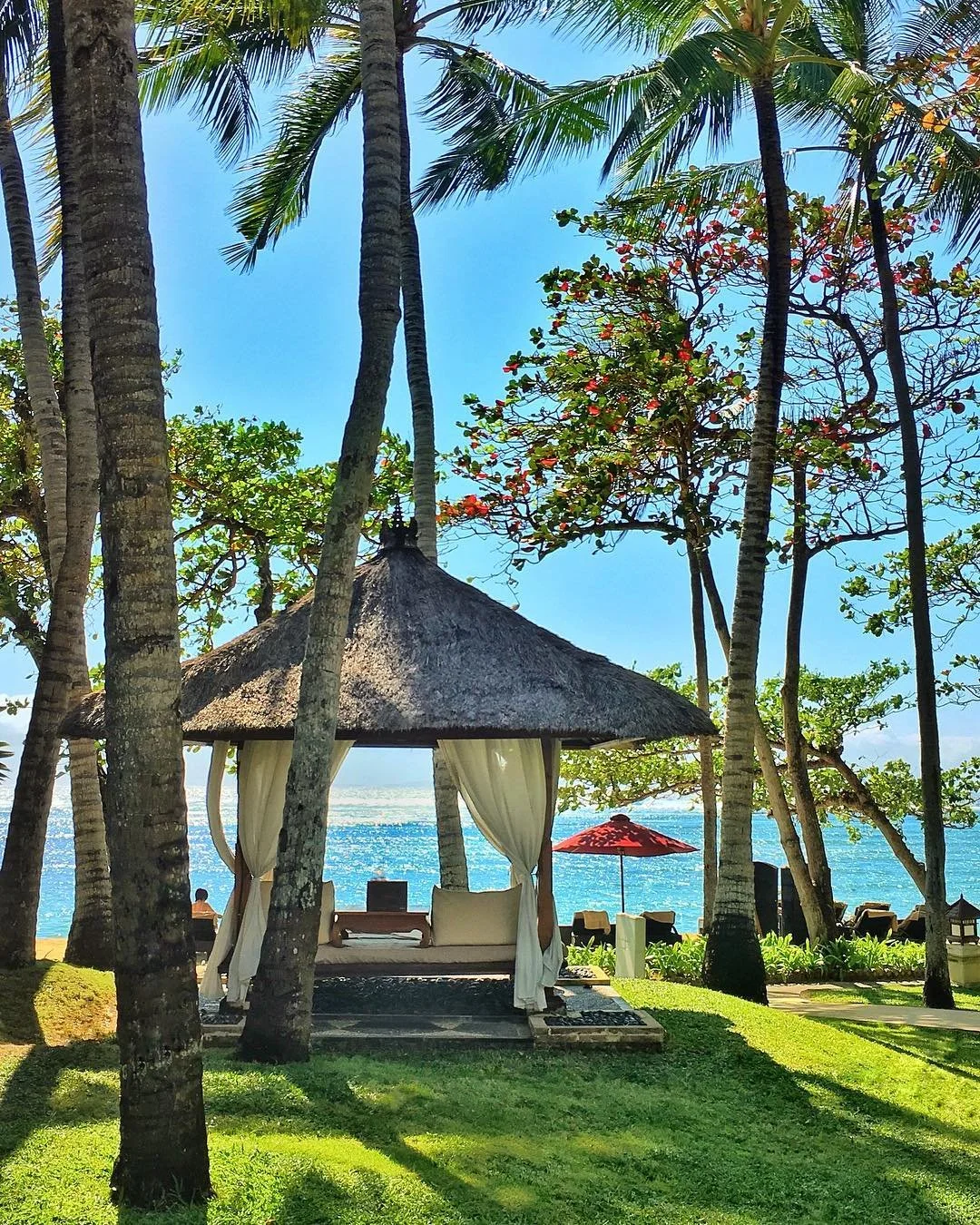 A tropical beachside scene with palm trees, a thatched-roof gazebo with curtains, and lounge chairs with umbrellas overlooking the ocean.
