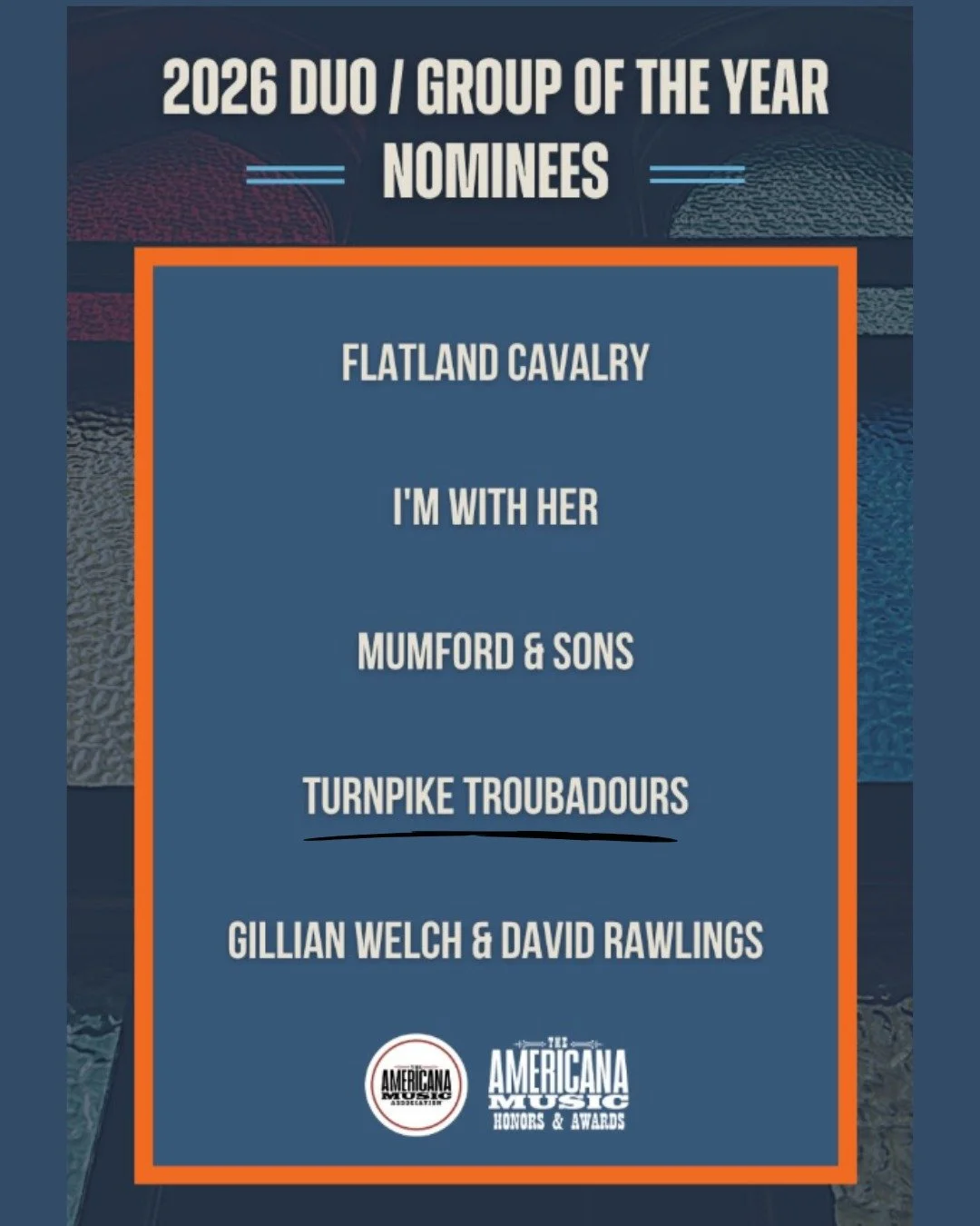 Congratulations to S.G. Goodman, Turnpike Troubadours, and Lucinda Williams on their 2026 Americana Honors &amp; Awards nominations.

A well-deserved recognition for artists continuing to shape Americana music through powerful songwriting and timeles