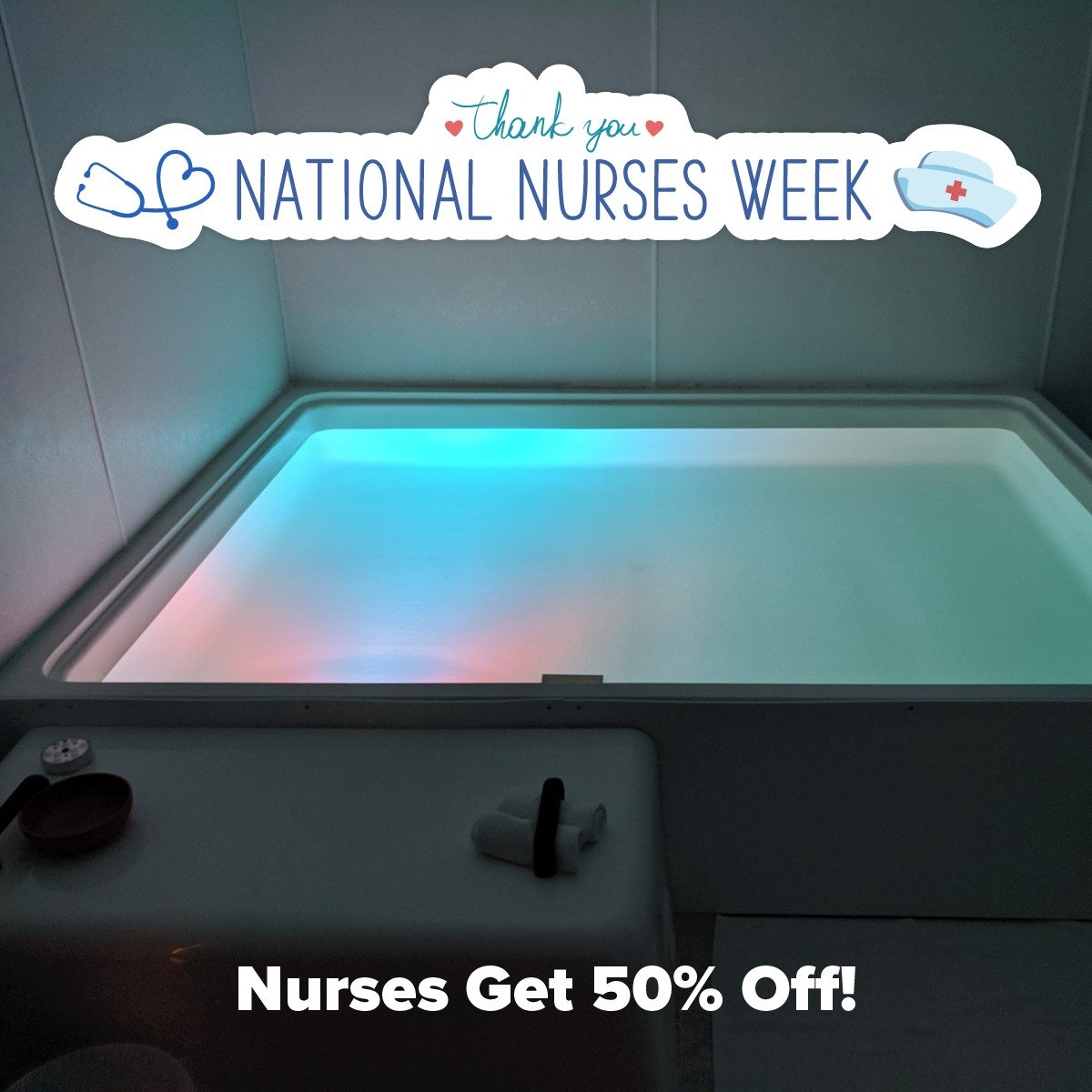 We are thrilled to offer all nurses a 50% discount on all float and salt therapy sessions booked between May 6th and May 12th.  Book in advance. 

Bodymind Float Center would like to extend our gratitude for the dedication and care you provide every 