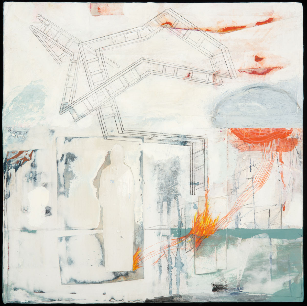 There Were No Maps We Had To Travel By Memory Driving Across the MidWest–18x18x3, mixed media on wooden panel, 2019.