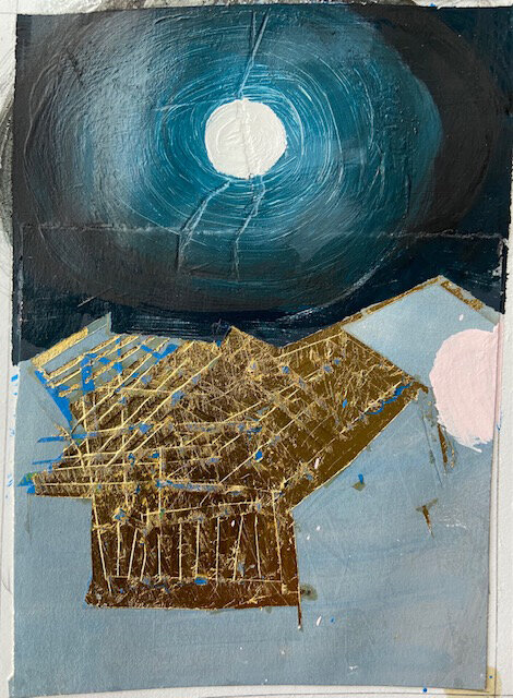   The Dump At Night, Lobster Traps ,  5" x7"  mixed media on paper 2020. 