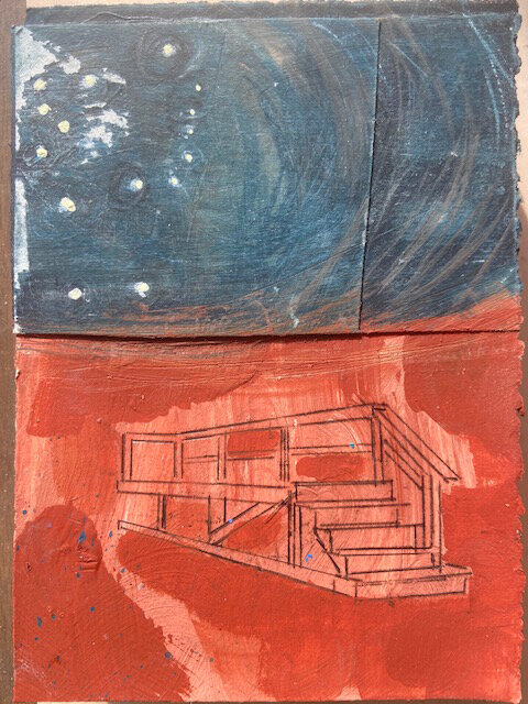   The Dump At Night,  Orion,  Old Dock ,  5" x7"  mixed media on paper 2020. 