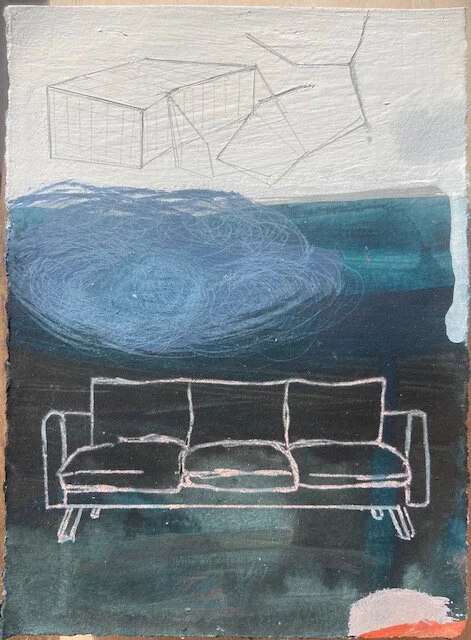   Snowy Night At The Dump,  Virgo,  Pink Couch,  Lobster Traps ,  5" x7"  mixed media on paper 2020. 