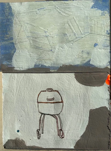   Snowy Day At The Dump,  Webber Grill, Lobster Traps ,  5" x7"  mixed media on paper 2020. 