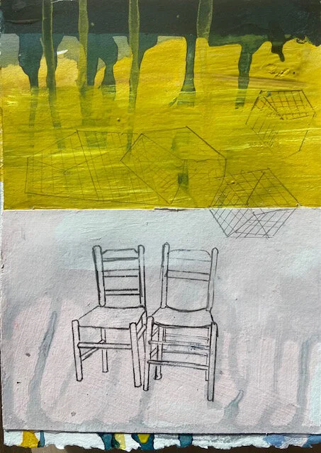   Rainy Day At The Dump, Lobster Traps, Chairs , 5"x7"  mixed media on paper" 2020. 