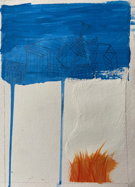   Morning At The Dump,  Lobster Traps,  Burn Pile ,  5" x7"  mixed media on paper 2020. 