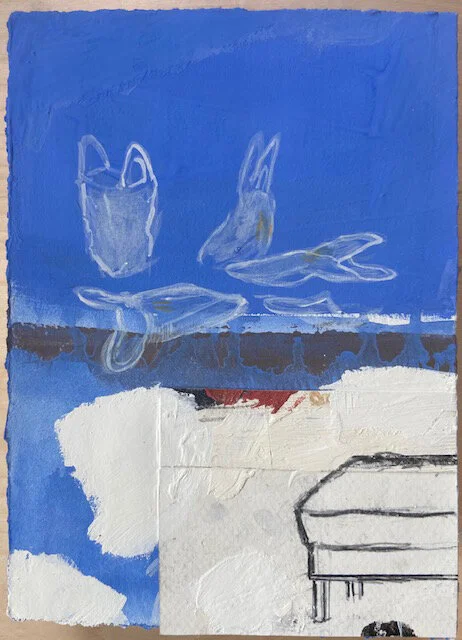   Morning At The Dump,  Plastic Bags, Bed  5"x7"  mixed media on paper, 2020. 