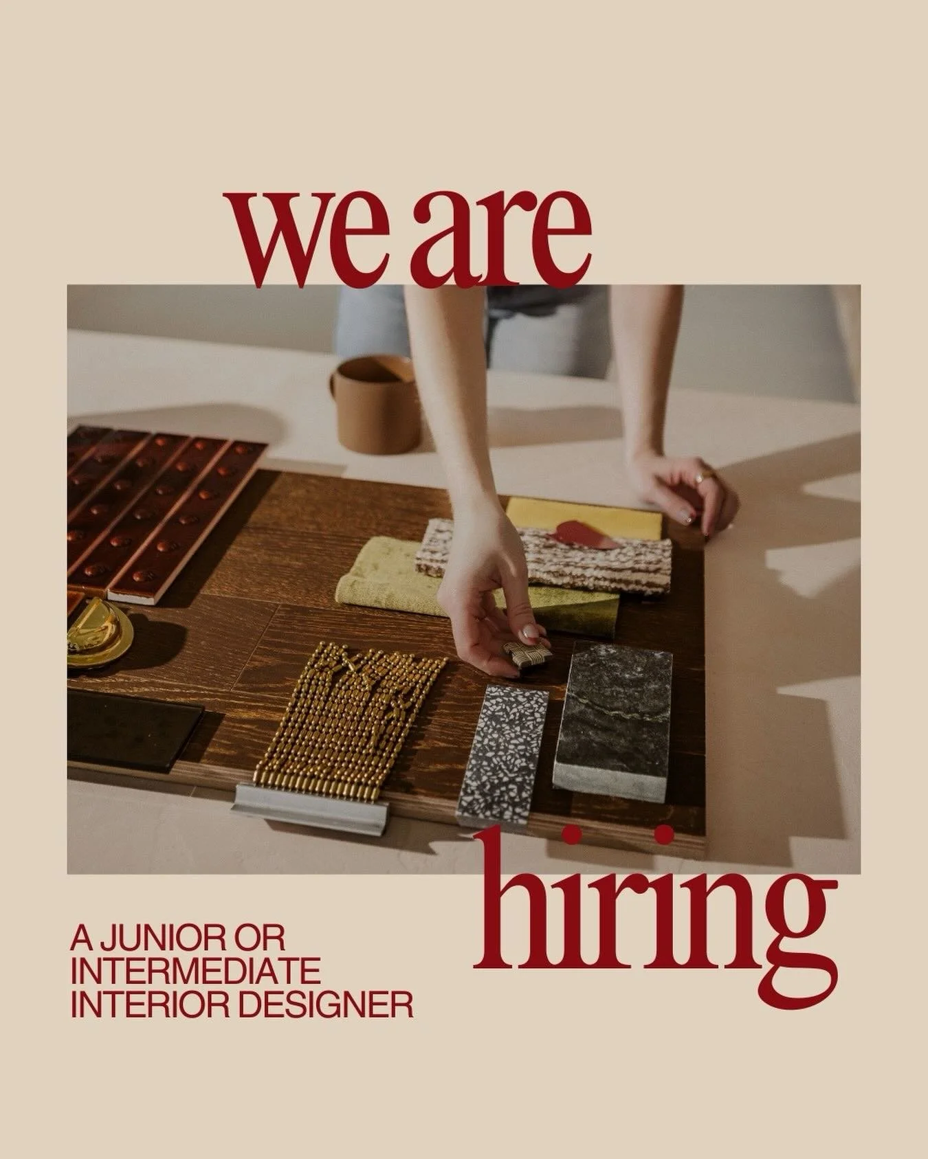 WE ARE HIRING ✨

If you consider yourself a ridiculously organized, AutoCAD-proficient, colour-loving junior or intermediate designer, we want to meet you!

Requirements:

&bull; a bachelor&rsquo;s degree in interior design from a CIDA-accredited ins