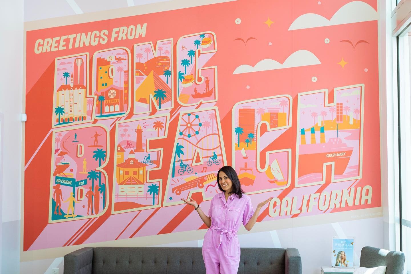Long Beach Postcard Mural I did for @laseraway ✨ This brand was a joy to work with 💜 Swipe for more &gt;&gt;&gt;

I enjoyed working with the brand&rsquo;s color palette! 😍

When I went to visit I got to speak with some of the staff that were born i
